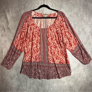 Lucky Brand red & white floral print 3/4 sleeve flowy blouse size xxl